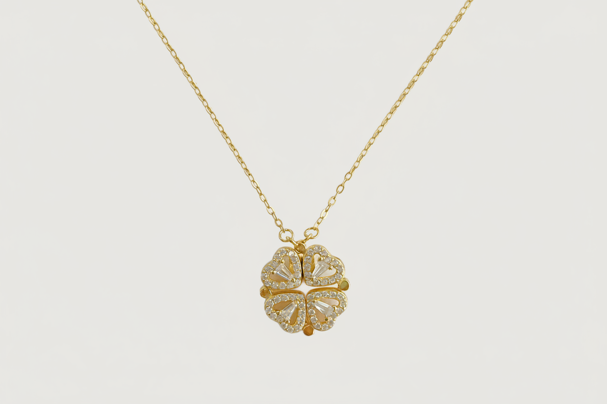 Front View of Cara Heart Clover Versatile Pendant Necklace in 18k Gold Plated Sterling Silver Adjustable Length 925 Metal 16 inches 3gms