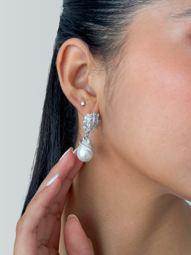 Model Wearing Ellara Pearl Dangle Earrings in Rhodium Plated Metal Jewelry for Pierced Ears Copper Stone Post / Pin & Push 925 Sterling Silver Stamp Marked One Size 9.8gms