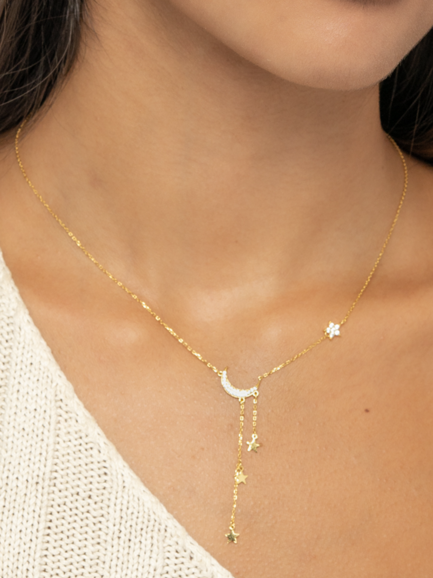 Alia Lariat Necklace portrait crop on model