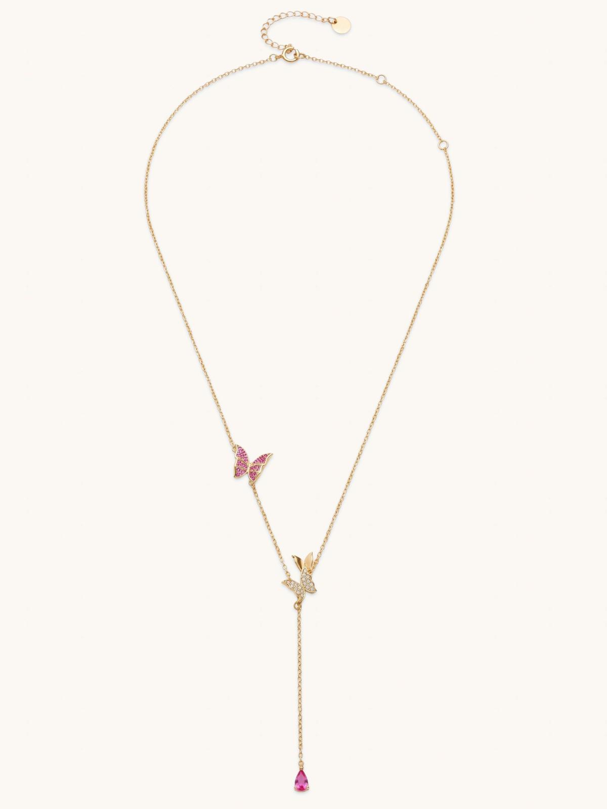 Full length view of the Astrid lariat necklace in 18k gold plated sterling silver with a spring ring closure