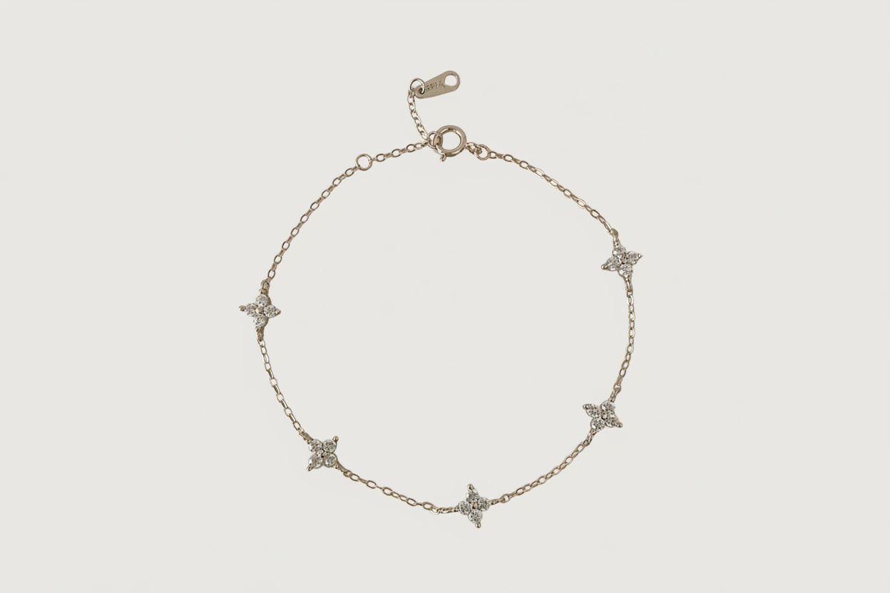 Front View of Irene Star Charm Bracelet in 925 Sterling Silver Adjustable Length Metal 7.5 inches 1.3gms