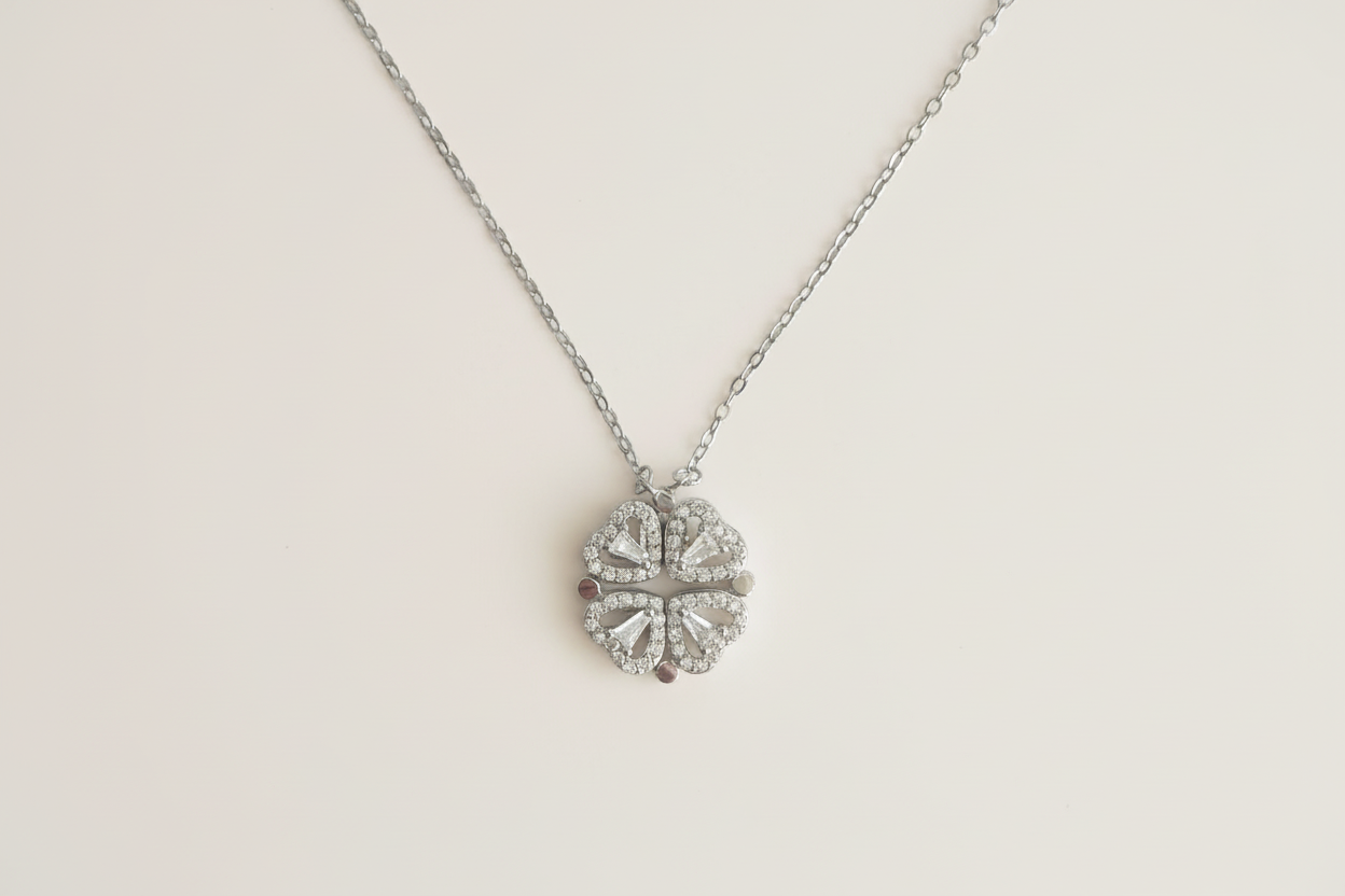 Front View of Cara Heart Clover Versatile Pendant Necklace in Sterling Silver Adjustable Length 925 Metal 16 inches 3gms