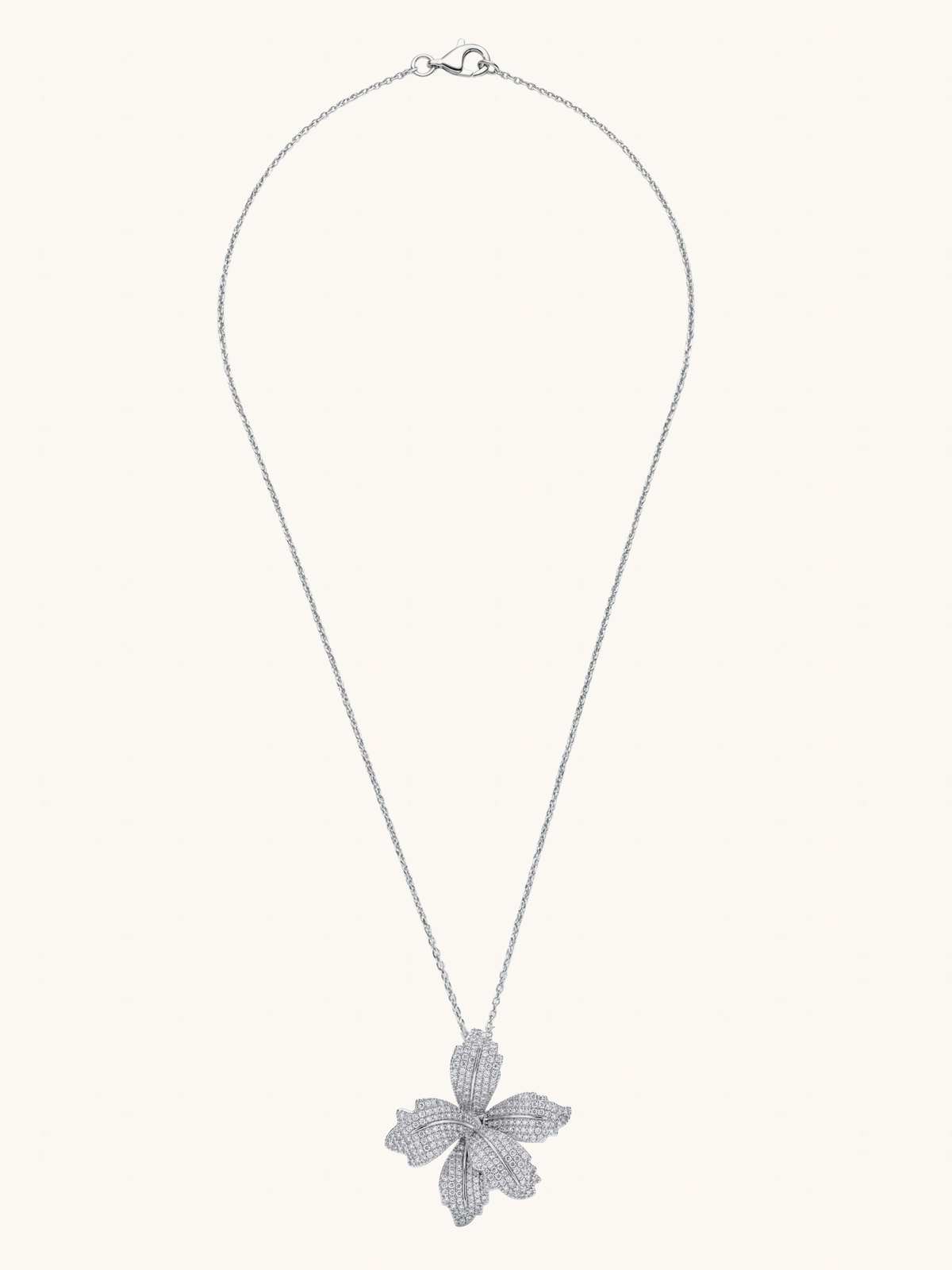 Full length view of the Orchid Bloom necklace in sterling silver with a spring ring clasp