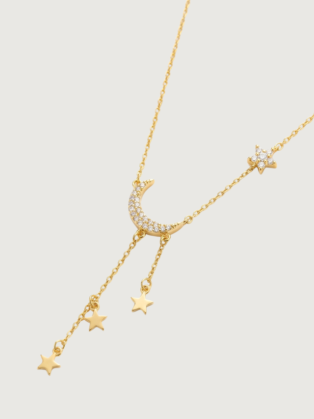 Closeup of Alia Lariat Necklace in 18k Gold Plated Sterling Silver Adjustable Length 925 2.1gms