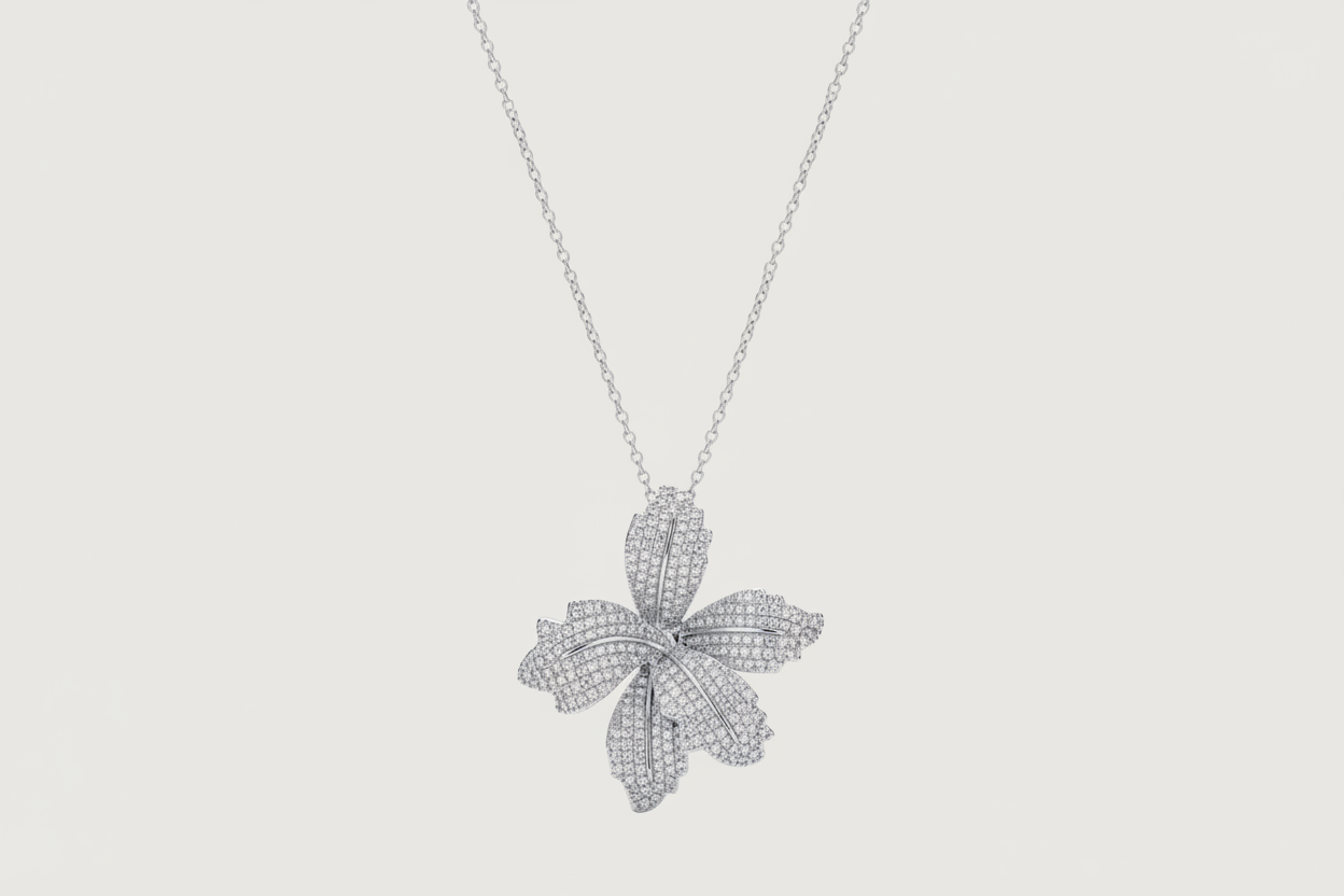 Front View of Orchid Bloom Brooch Pendant in Rhodium-Plated Metal Comfort Fit 925 Sterling Silver Chain Rhodium Plated Brass One Size
