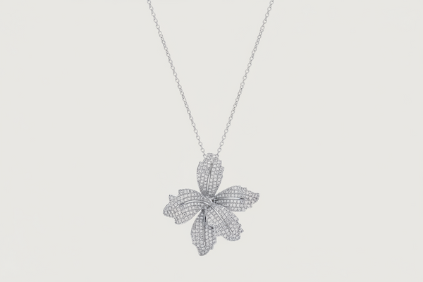 Front View of Orchid Bloom Brooch Pendant in Rhodium-Plated Metal Comfort Fit 925 Sterling Silver Chain Rhodium Plated Brass One Size