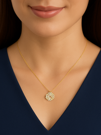 Model Wearing Cara Heart Clover Versatile Pendant Necklace in 18k Gold Plated Sterling Silver Adjustable Length 925 Metal 16 inches 3gms