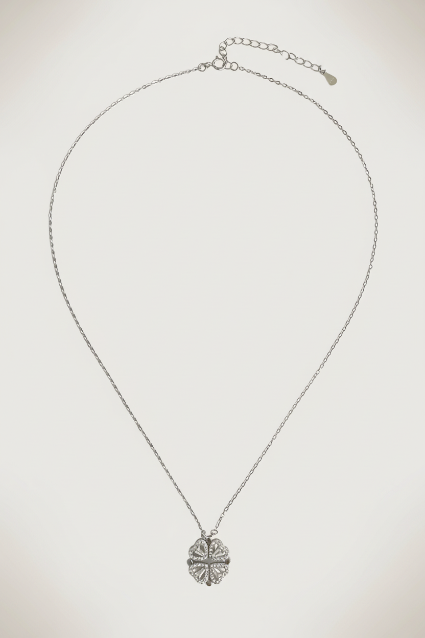 Rear View of Cara Heart Clover Versatile Pendant Necklace in Sterling Silver Adjustable Length 925 Metal 16 inches 3gms