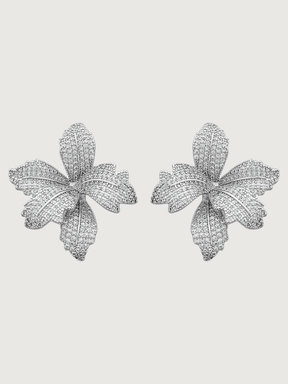 Front View of Orchid Bloom Stud Earrings in Rhodium-Plated Metal Jewelry for Pierced Ears Rhodium Plated Copper 925 Sterling Silver One Size 10.1gms