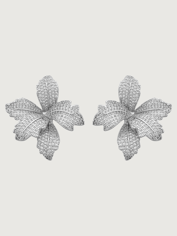 Front View of Orchid Bloom Stud Earrings in Rhodium-Plated Metal Jewelry for Pierced Ears Rhodium Plated Copper 925 Sterling Silver One Size 10.1gms