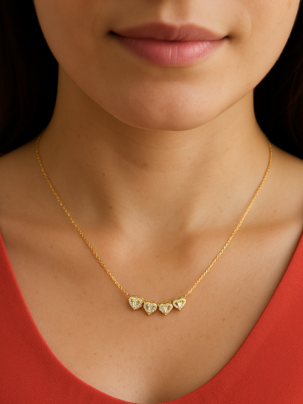 Alternate View of Model Wearing Cara Heart Clover Versatile Pendant Necklace in 18k Gold Plated Sterling Silver Adjustable Length 925 Metal 16 inches 3gms