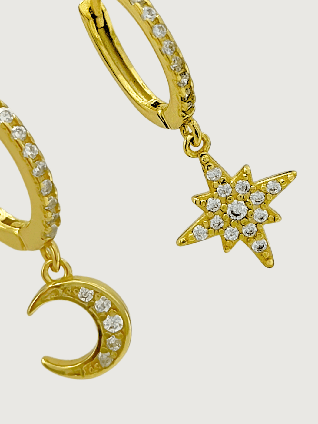 Closeup of Stella Crescent Star Earrings in 18kt Gold-plated Sterling Silver Jewelry for Pierced Ears 18k Gold Plated 925 Metal Stone One Size 1.4gms