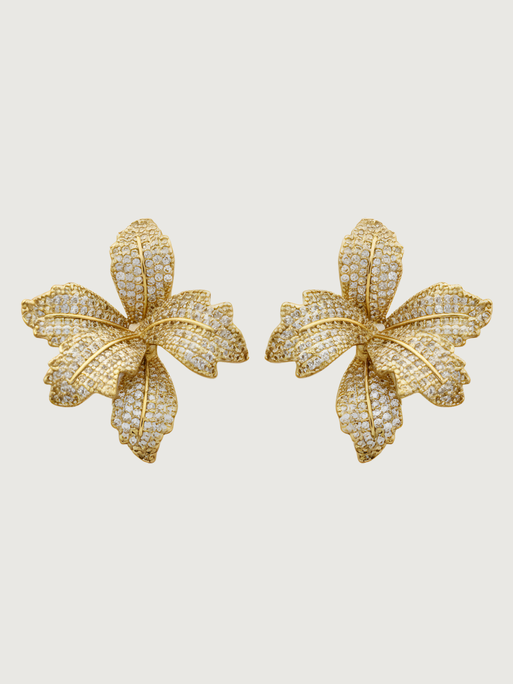 Front View of Orchid Bloom Stud Earrings 18k gold Plated Jewelry for Pierced Ears Gold 925 Sterling Silver One Size 9.5gms