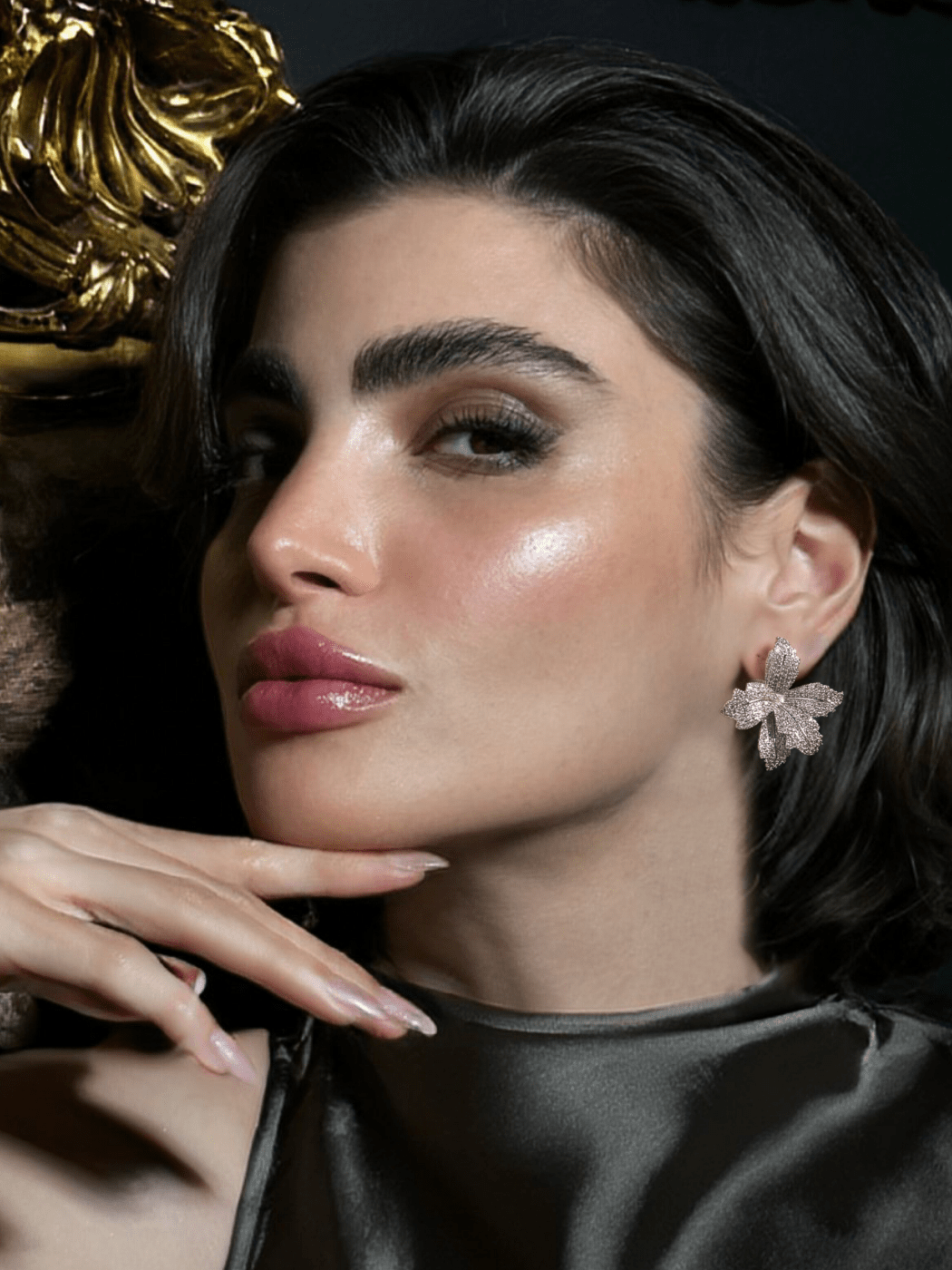 Model Wearing Orchid Bloom Stud Earrings in Rhodium-Plated Metal Jewelry for Pierced Ears Rhodium Plated Copper 925 Sterling Silver One Size 10.1gms