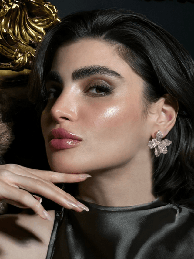 Model Wearing Orchid Bloom Stud Earrings in Rhodium-Plated Metal Jewelry for Pierced Ears Rhodium Plated Copper 925 Sterling Silver One Size 10.1gms