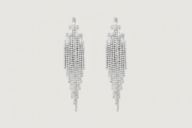 Front View of Elise Waterfall Earrings in Rhodium Plated Metal Jewelry for Pierced Ears Post / Pin & Push 925 Sterling Silver Stamp Marked 13.2gms