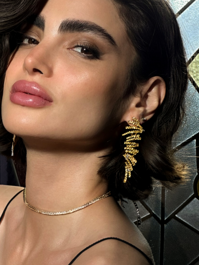 Model Wearing Ayla Chandelier Earrings in 18K Gold Plating Jewelry for Pierced Ears Plated Copper 18k 925 Sterling Silver Metal Stone One Size 18gms