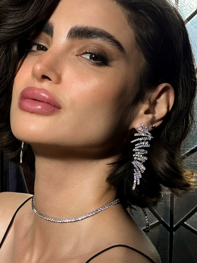 Model Wearing Ayla Chandelier Earrings Jewelry for Pierced Ears Rhodium Plated Copper 925 Sterling Silver Metal Stone One Size 18gms