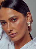 Model Wearing Blanca Pearl Earrings in Rhodium Plated Copper and Sterling Silver Jewelry for Pierced Ears 925 Metal Stone One Size 6.4gms