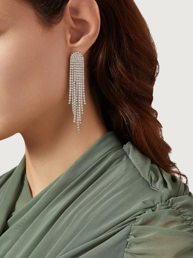 Model Wearing Sally Shimmer Earrings in Rhodium Plated Metal Jewelry for Pierced Ears Copper 925 Sterling Silver Stone One Size 11gms