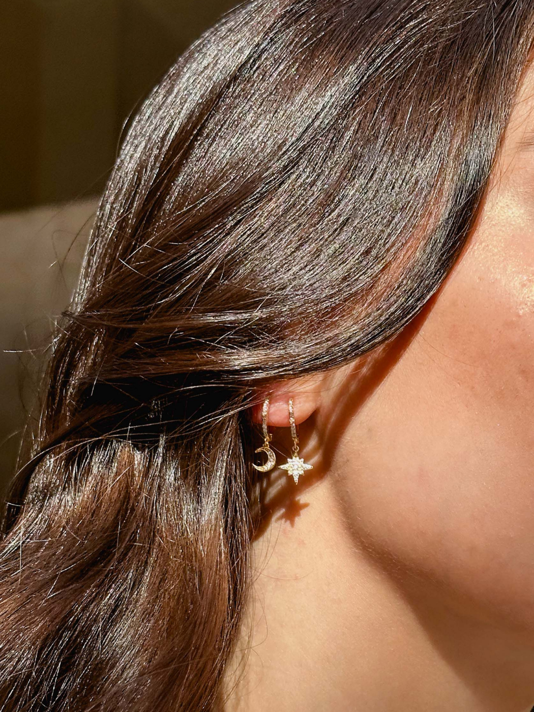 Model Wearing Stella Crescent Star Earrings in 18kt Gold-plated Sterling Silver Jewelry for Pierced Ears 18k Gold Plated 925 Metal Stone One Size 1.4gms