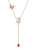 The Jewels Jar Astrid lariat necklace in 18k gold plated sterling silver with pink butterfly charms and a pink pear cut drop