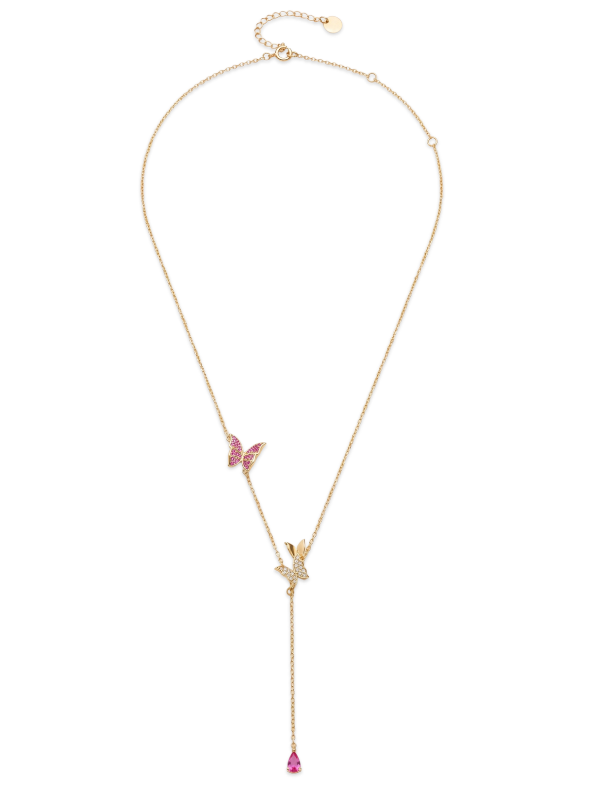 Full length view of the Astrid lariat necklace in 18k gold plated sterling silver with a spring ring closure
