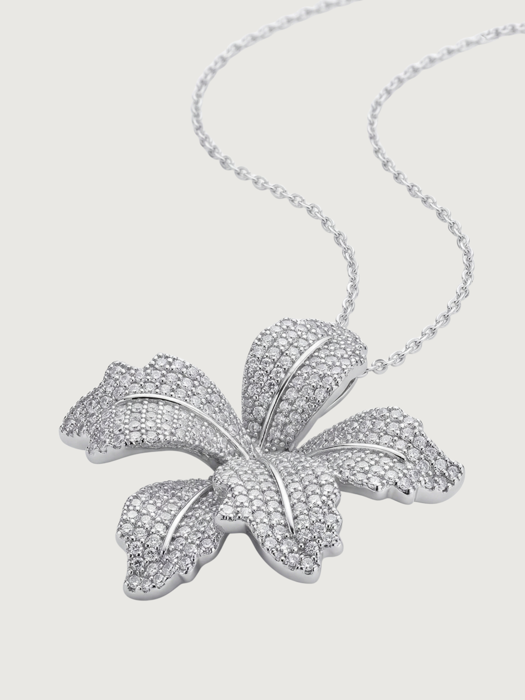Closeup of Orchid Bloom Brooch Pendant in Rhodium-Plated Metal Comfort Fit 925 Sterling Silver Chain Rhodium Plated Brass One Size