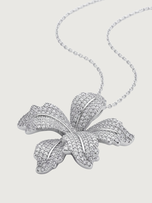 Closeup of Orchid Bloom Brooch Pendant in Rhodium-Plated Metal Comfort Fit 925 Sterling Silver Chain Rhodium Plated Brass One Size