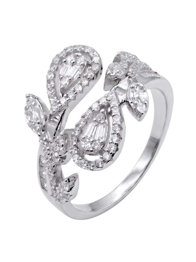 Angled view of the Cassy open ring showing pear cut stones set in a leaf motif