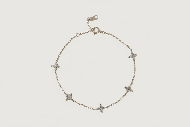 Front View of Irene Star Charm Bracelet in 925 Sterling Silver Adjustable Length Metal 7.5 inches 1.3gms