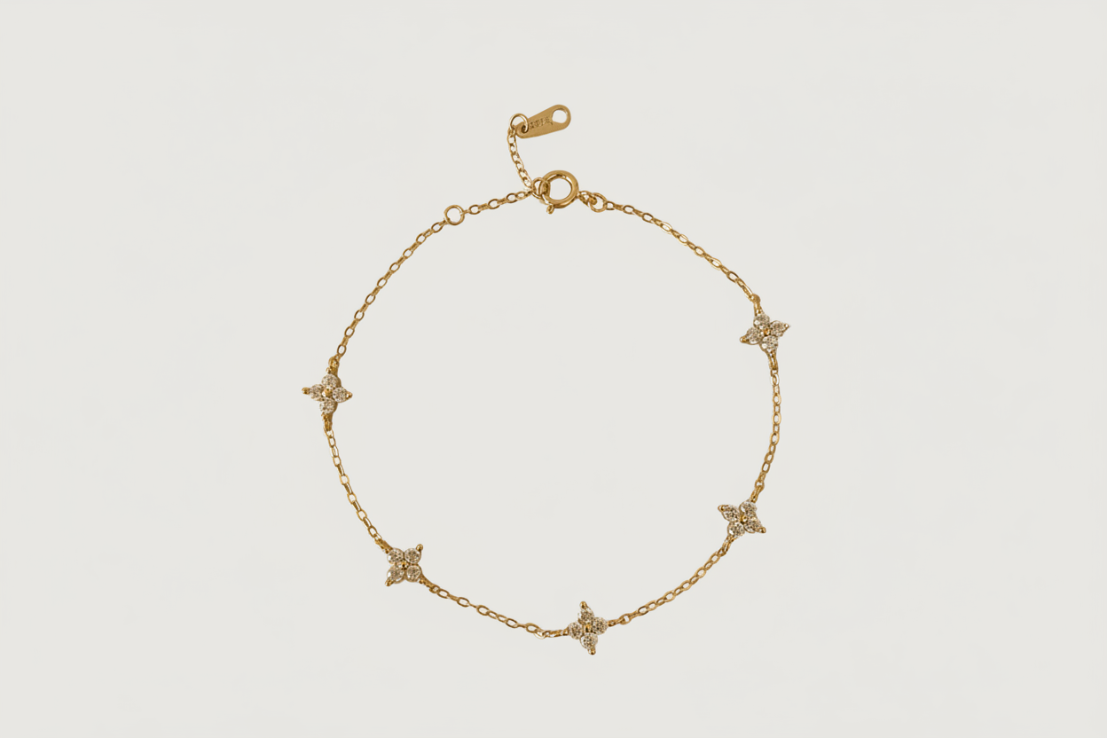 Front View of Irene Star Charm Bracelet in 18K Gold Plated Sterling Silver Adjustable Length 18k 925 Metal Stone 7.5 inches 1.4gms