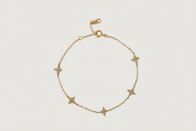 Front View of Irene Star Charm Bracelet in 18K Gold Plated Sterling Silver Adjustable Length 18k 925 Metal Stone 7.5 inches 1.4gms