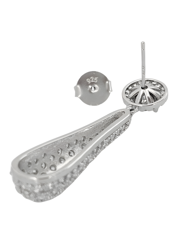 Angled view of the Diorra drop earring showing the push back and pave teardrop