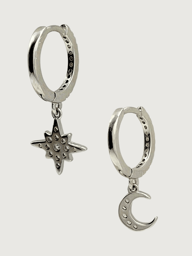 Rear View of Stella Crescent & Star Earrings in Sterling Silver Jewelry for Pierced Ears 925 Metal Stone One Size 1.4gms