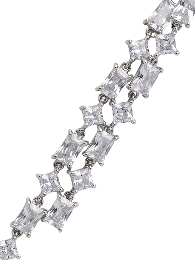 Close up of the Elora earrings showing the baguette cut cubic zirconia links