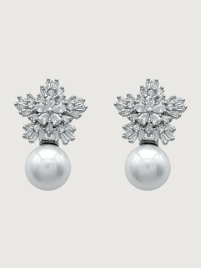 Front View of Blanca Pearl Earrings in Rhodium Plated Copper and Sterling Silver Jewelry for Pierced Ears 925 Metal Stone One Size 6.4gms