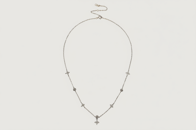 Front View of Irene Star Charm Necklace in 925 Sterling Silver Adjustable Length Metal 17 inches 2.2gms
