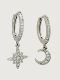 Front View of Stella Crescent & Star Earrings in Sterling Silver Jewelry for Pierced Ears 925 Metal Stone One Size 1.4gms