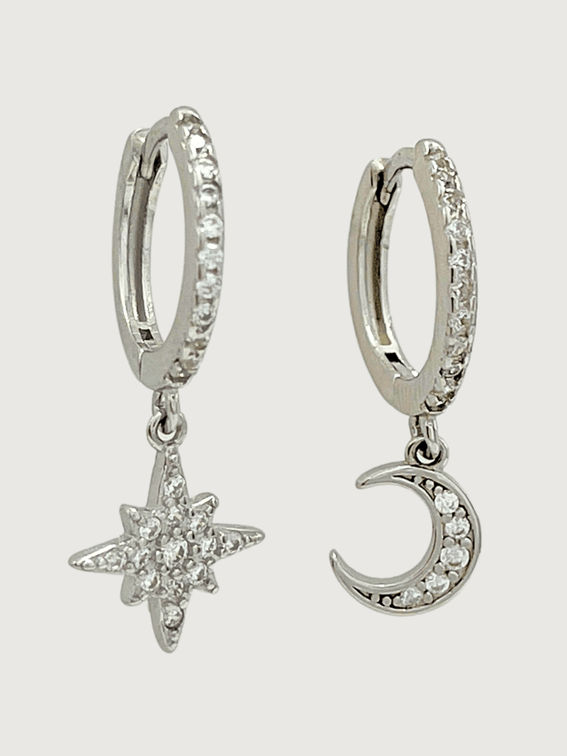 Front View of Stella Crescent & Star Earrings in Sterling Silver Jewelry for Pierced Ears 925 Metal Stone One Size 1.4gms