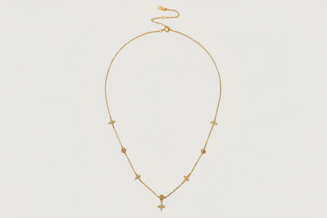 Front View of Irene Star Charm Necklace in 18K Gold Plated Sterling Silver Adjustable Length 18k 925 Metal 17 inches 2.3gms