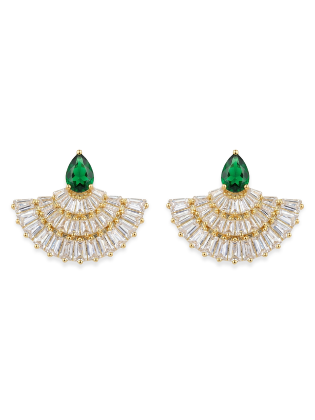 The Jewels Jar Freya fan earrings in gold with baguette cubic zirconia and a green pear cut stone