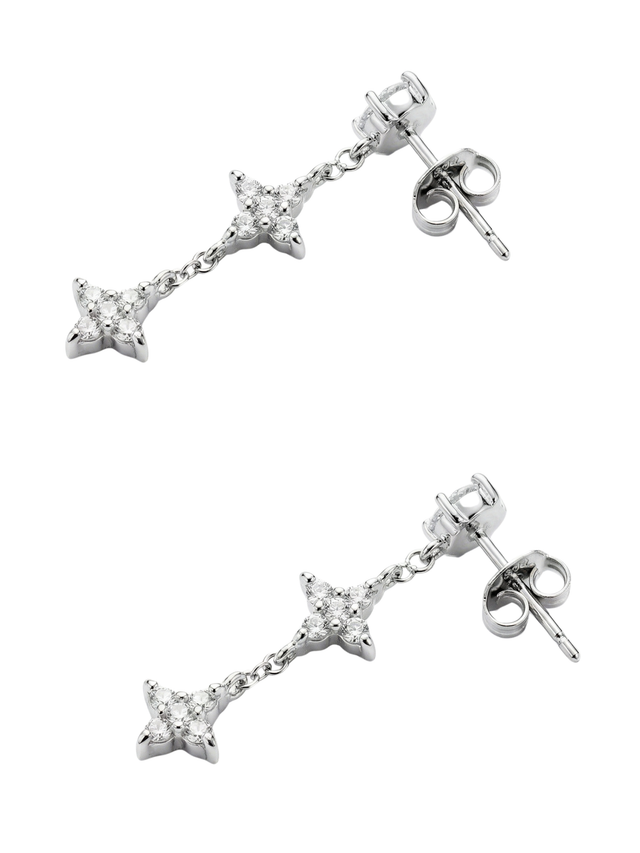Angled view of the Irene star dangle earrings showing the sterling silver posts