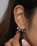 Close up of the Jia star earring on the ear in sterling silver