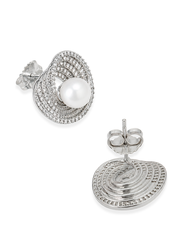 Angled view of the Lusterloop earrings showing the pearl set inside the pave swirl