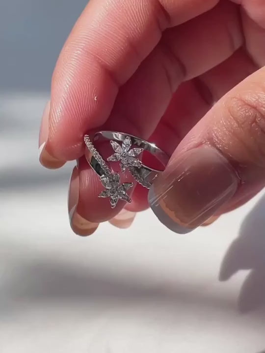 Video of the Aya Bliss adjustable ring in sterling silver with two cubic zirconia flowers
