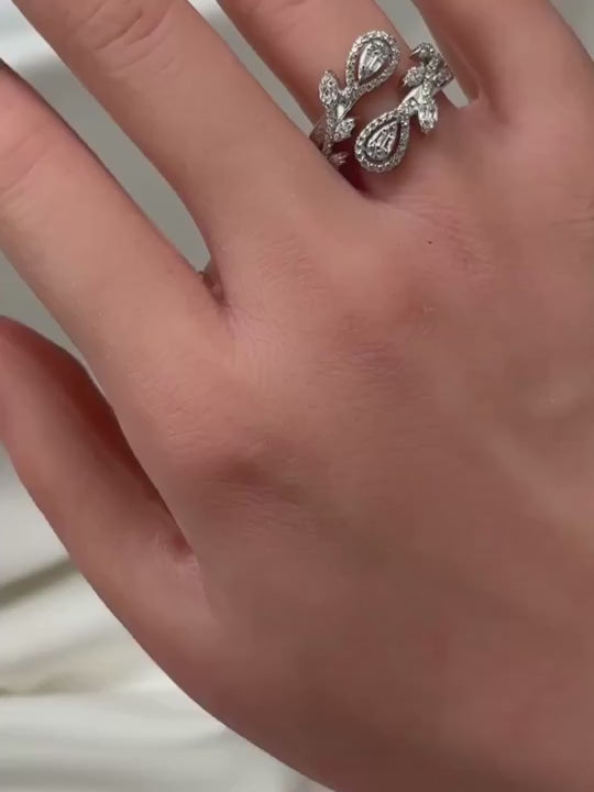 Video of the Cassy open ring in 925 sterling silver with pave leaf and pear cut cubic zirconia