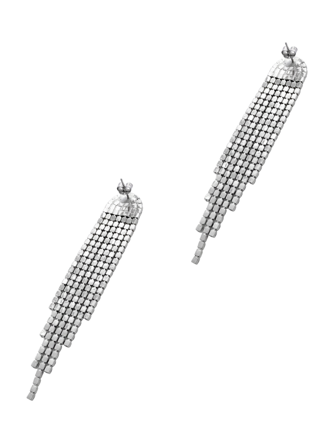Angled view of the Sally shimmer fringe earrings showing the sterling silver posts and dense crystal mesh