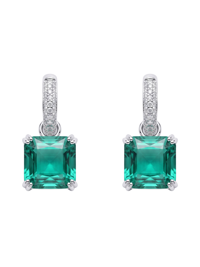 Valery drop huggie hoop earrings with green emerald cut stones on pave silver hoops