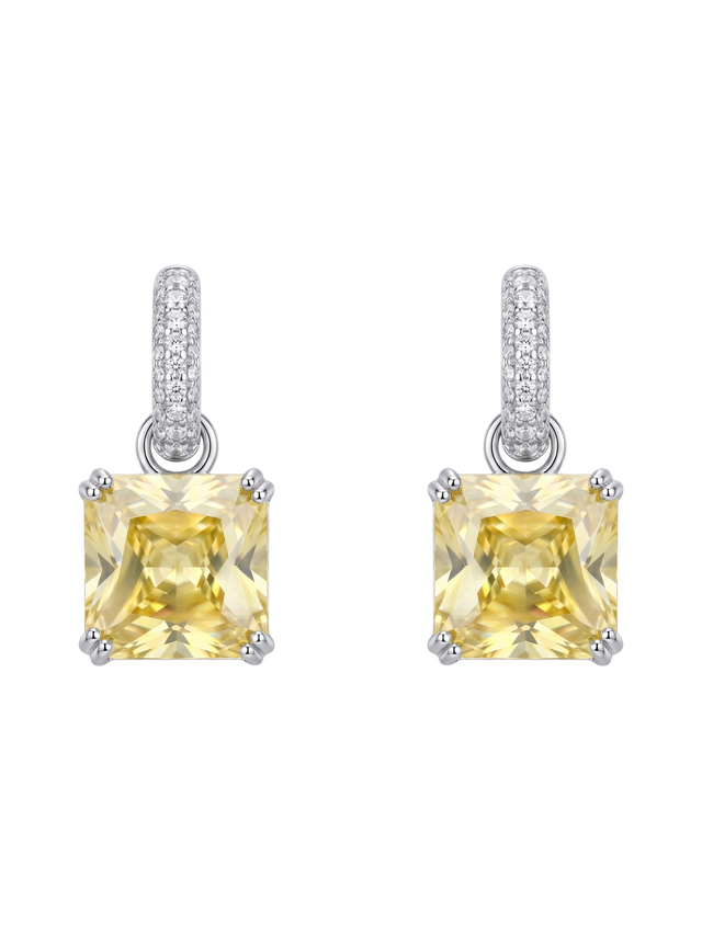 The Jewels Jar Valery drop huggie hoop earrings with yellow emerald cut stones on pave silver hoops